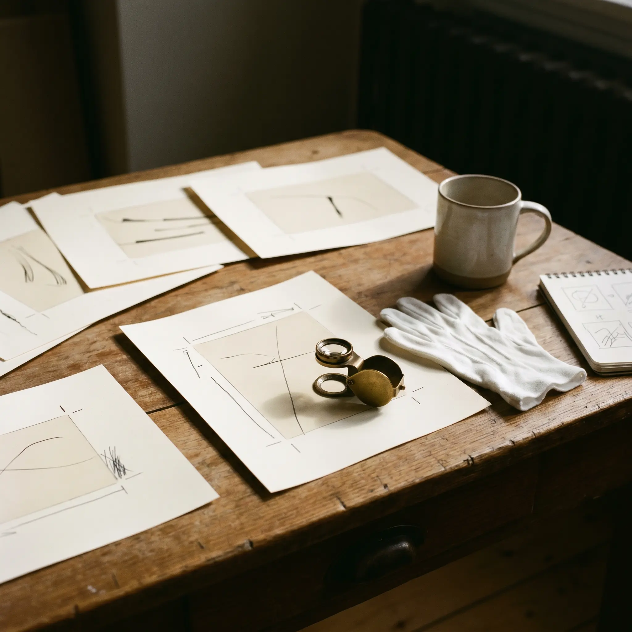 A quiet photography editing table with prints, notes, and warm paper texture