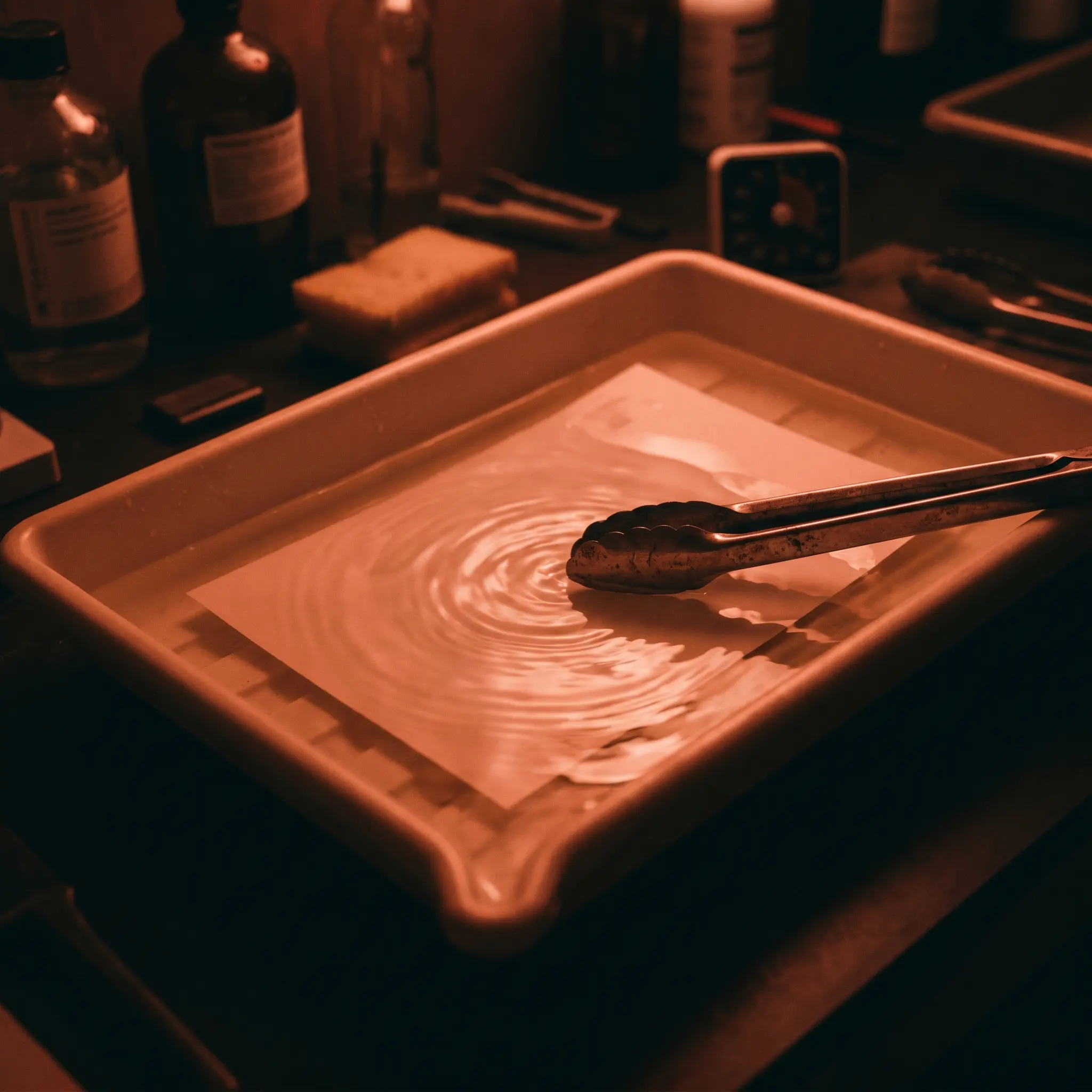 Warm darkroom tray with photographic paper and soft safelight